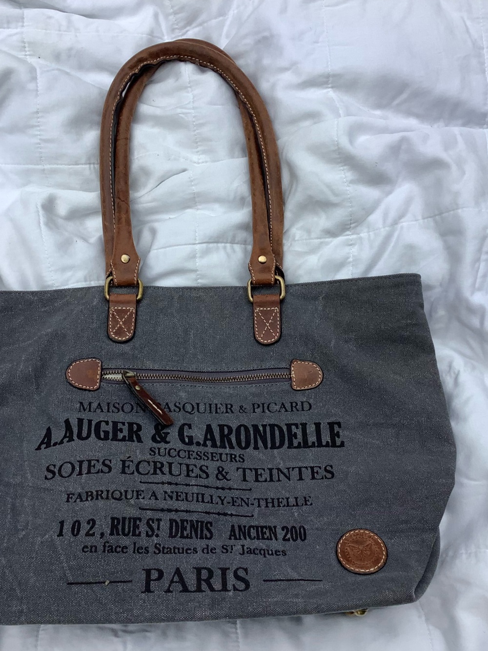 Grey Canvas Tote with Brown Leather Handles - Paris Script